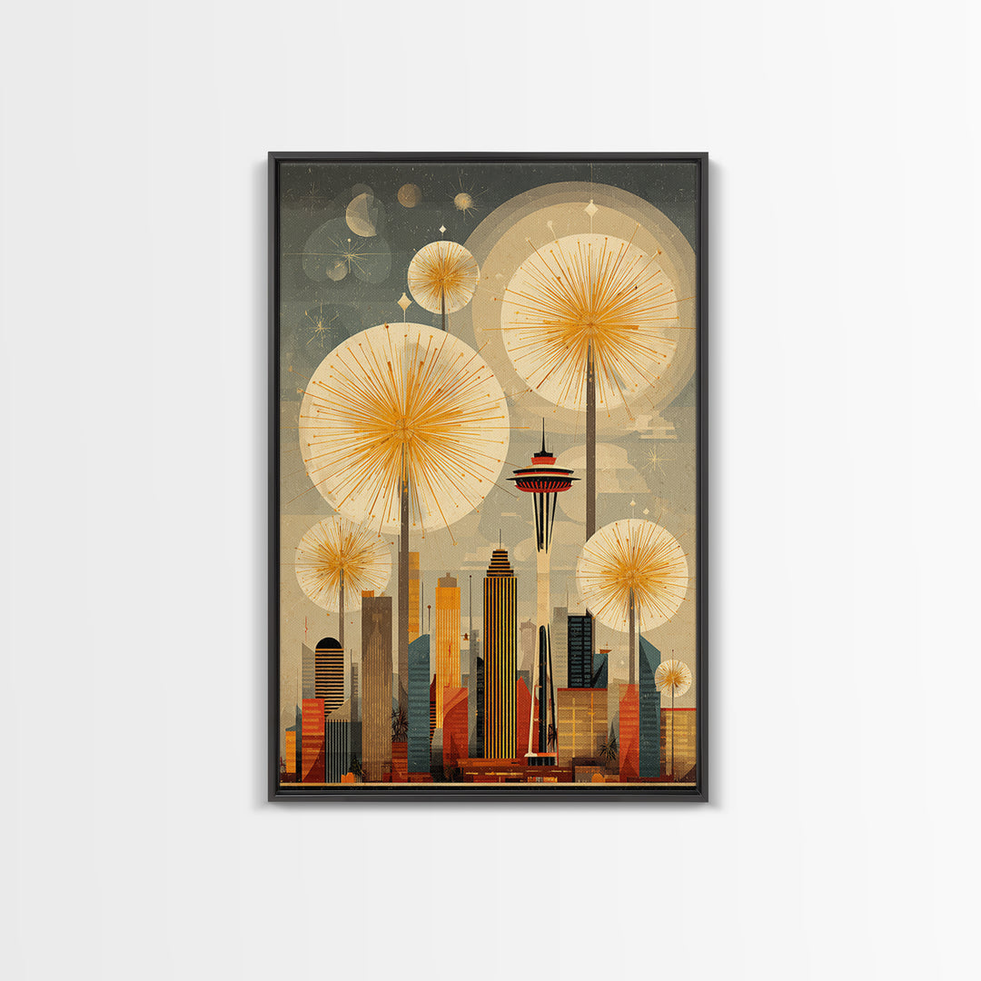 Seattle Space Needle Sunbursts Wall Art, Midcentury Modern Art, Retro City Skyline Poster, Atomic MCM Home Decor Print Gift