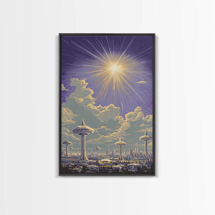 Futuristic Utopia City With Radiant Sun Canvas Print, Retro Sci Fi Wall Art, Space Age Skyline, Modern Home Decor Office Poster Print