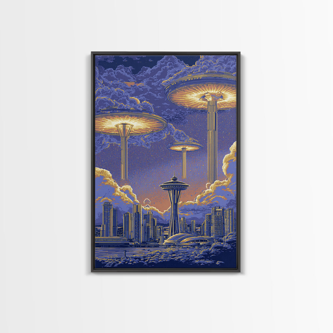 Floating Saucer Towers Above Skyline Framed Canvas Print, Retro Sci Fi Wall Art, Futuristic City Decor, Space Age Poster Print