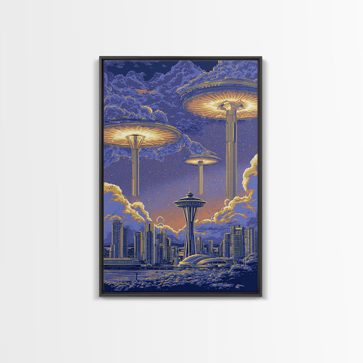 Floating Saucer Towers Above Skyline Framed Canvas Print, Retro Sci Fi Wall Art, Futuristic City Decor, Space Age Poster Print