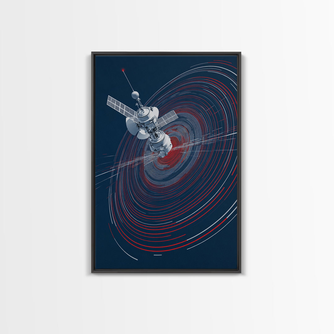 Orbiting Satellite With Red Signal Rings Wall Art, Modern Sci Fi Poster, Space Abstract Art Print, Futuristic Office Decor