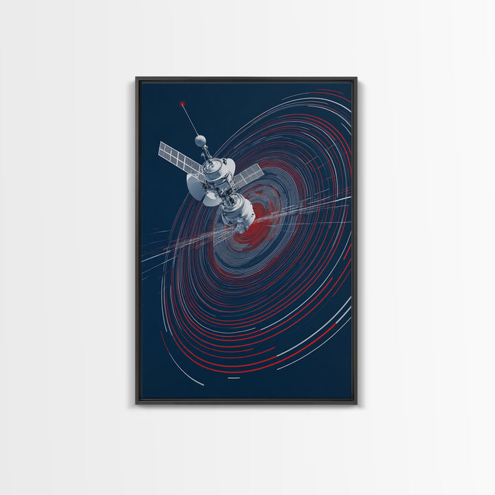 Orbiting Satellite With Red Signal Rings Wall Art, Modern Sci Fi Poster, Space Abstract Art Print, Futuristic Office Decor