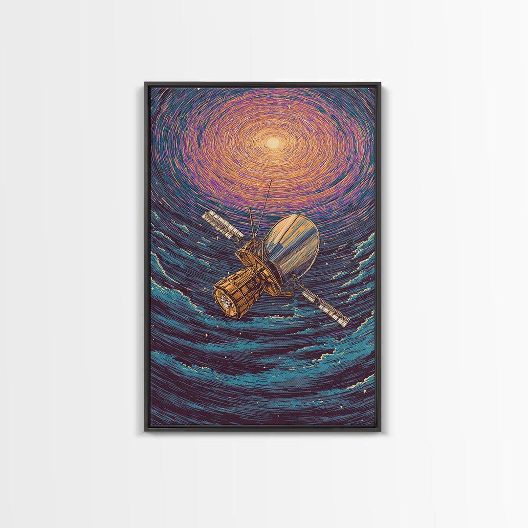Golden Satellite In Starry Vortex Framed Canvas Print, Space Abstract Wall Art, Modern Sci Fi Poster, Cosmic Retro Decor