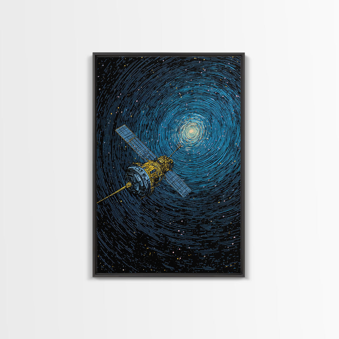 Blue Satellite Drifting Through Star Vortex Canvas Print, Modern Space Wall Art, Sci Fi Poster, Astronomy Office Decor Gift