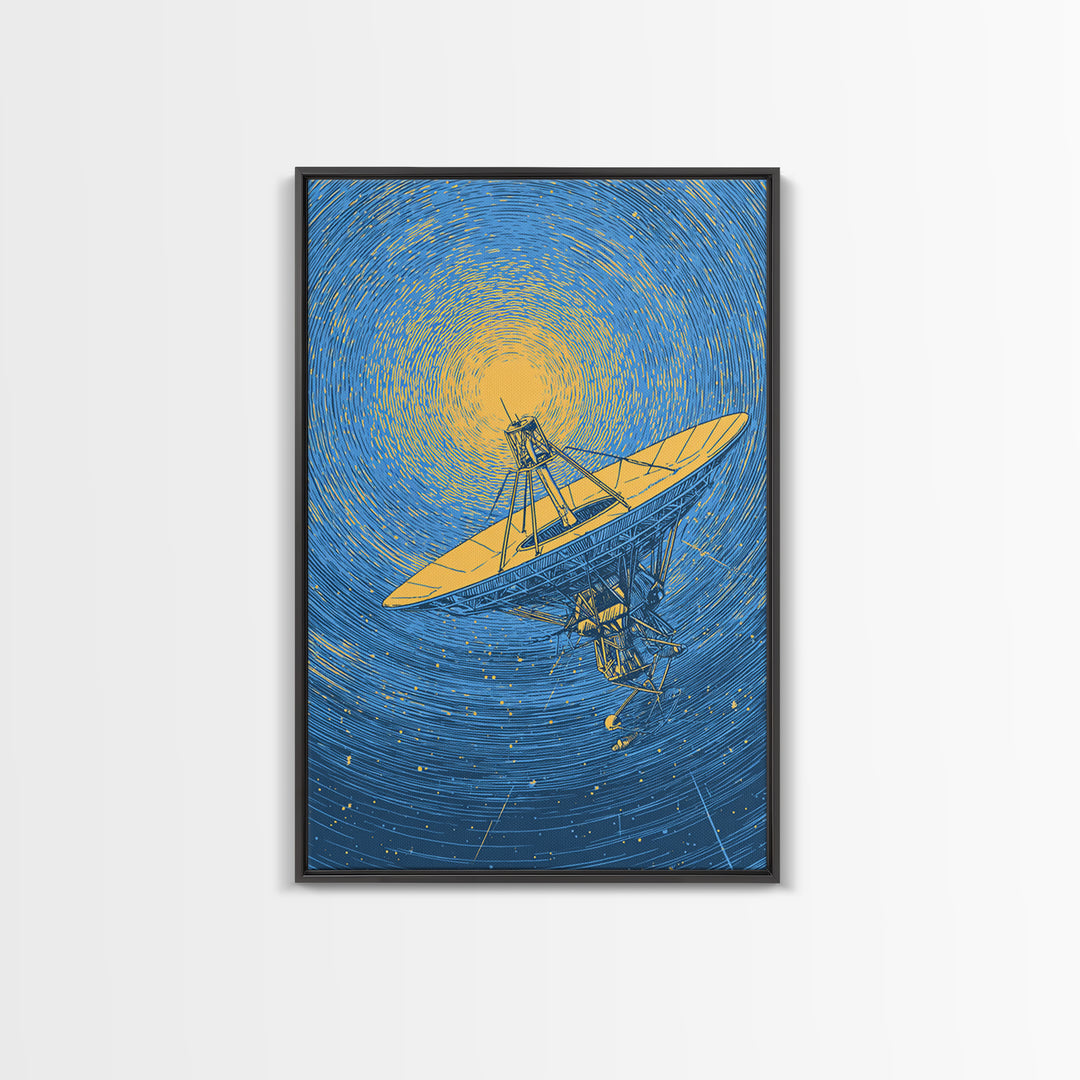 Radio Telescope Beneath Swirling Sun Canvas Print, Modern Space Wall Art, Astronomy Poster, Blue Midcentury Decor Gift Idea