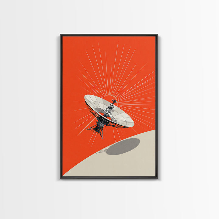 Satellite Dish Over Orange Planet Framed Canvas Print, Retro Space Wall Art, Modern Sci Fi Poster, Bold Office Decor Gift