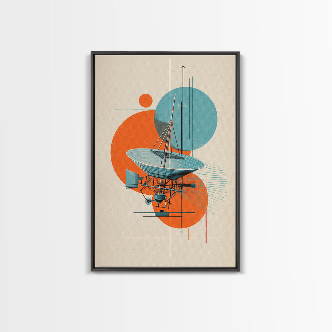 Abstract Radio Telescope With Orange Teal Circles Wall Art, Bauhaus Midcentury Modern Poster, Geometric Office Decor Print