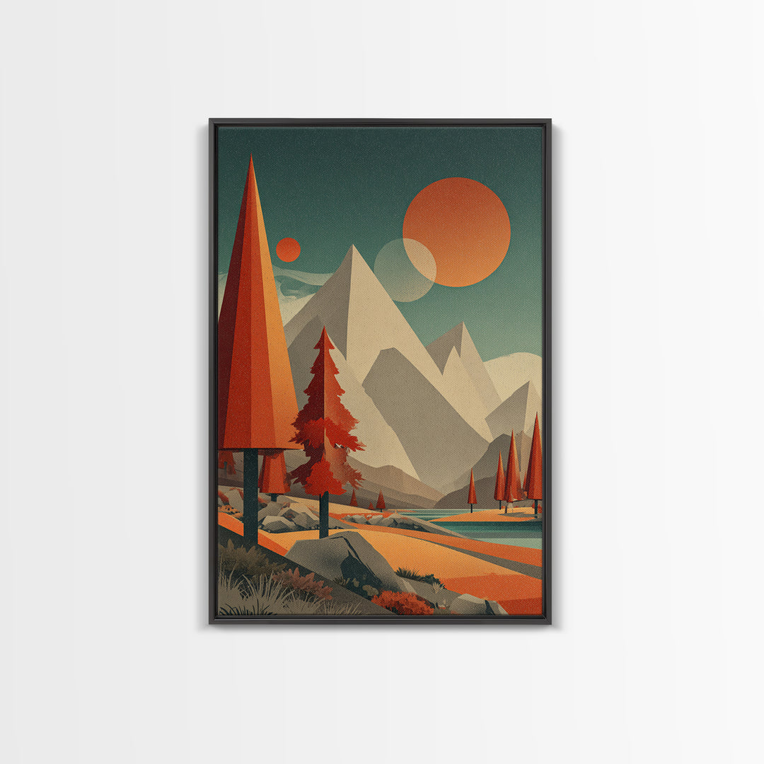 Pyramid Peaks And Orange Suns Framed Canvas Print, Midcentury Modern Alpine Landscape, Retro Mountain Lake Wall Decor For Cabin Living Room