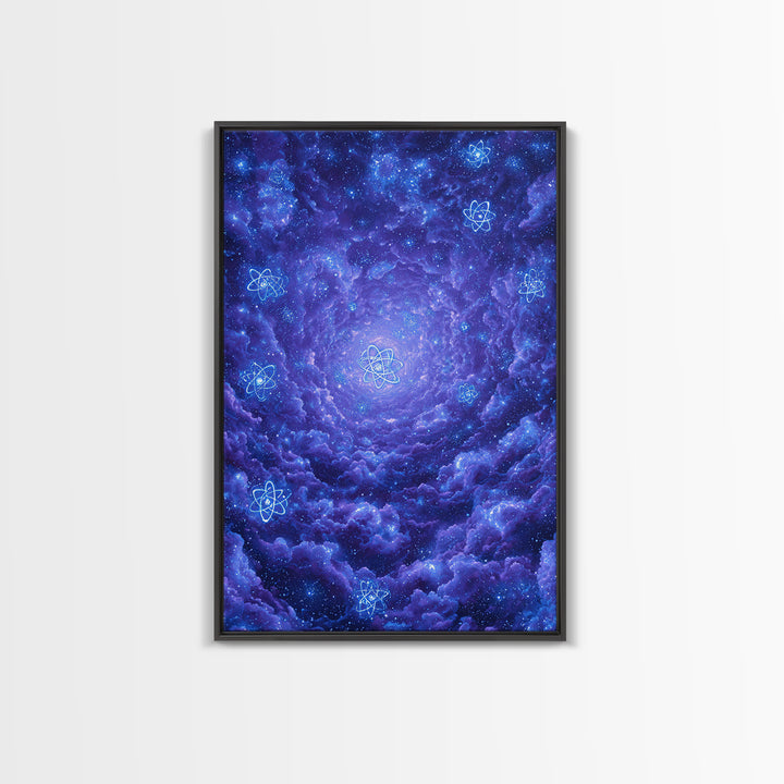 Purple Cosmic Clouds With Atom Symbols Wall Art, Retro Sci Fi Space Poster, Modern Abstract Art, Blue Art Print, Dorm Decor
