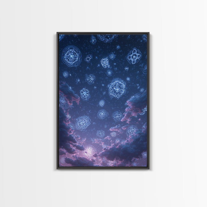 Glowing Celestial Glyphs In Starry Clouds Wall Art, Mystical Space Abstract Poster, Modern Wall Decor, Blue Cosmic Art Print