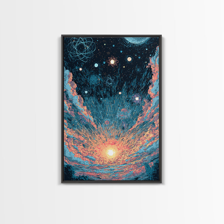 Retro Space Sunrise With Planets And Atoms Canvas Print, Midcentury Modern Art, Atomic Poster, Colorful Wall Decor, Retro Art Print