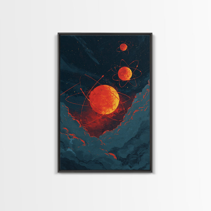 Fiery Red Atomic Planets In Dark Clouds Wall Art, Retro Sci Fi Poster, Modern Abstract Art, Orange Black Space Decor, Mcm Wall Art