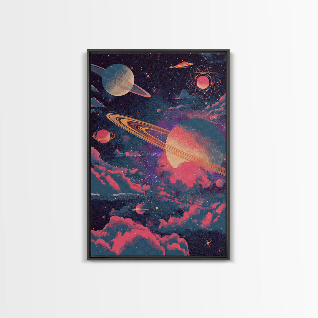 Neon Saturn Planets Above Pink Clouds Framed Canvas Print, Retro Space Poster, Modern Wall Art, Cosmic Home Decor, 70s Art Print