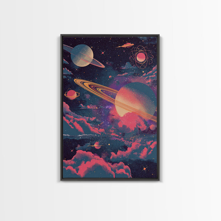 Neon Saturn Planets Above Pink Clouds Framed Canvas Print, Retro Space Poster, Modern Wall Art, Cosmic Home Decor, 70s Art Print