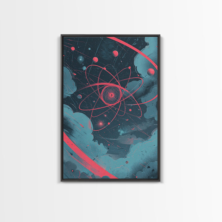 Neon Pink Atom Orbit In Teal Space Canvas Print, Atomic Retro Poster, Modern Abstract Art, Geometric Wall Decor, Mcm Artwork