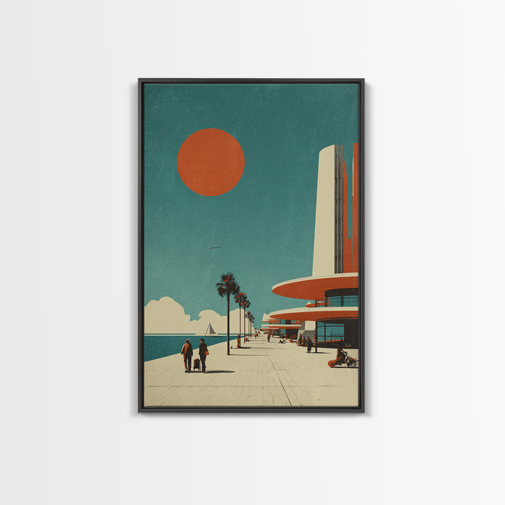 Midcentury Seaside Promenade With Orange Sun Framed Canvas Print, Palm Springs Art, Retro Travel Poster, Modern Wall Decor