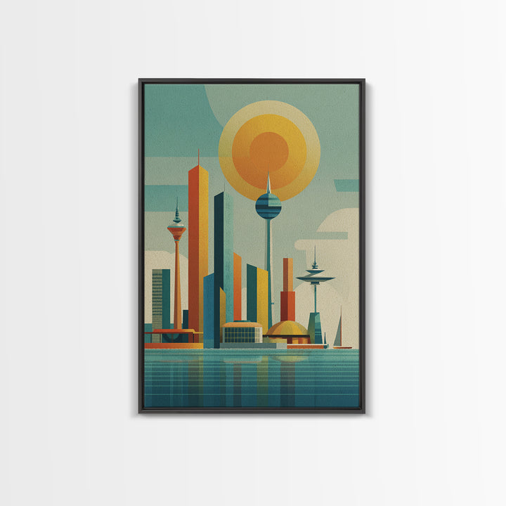 Retro Futuristic Skyline With Orb Sun Canvas Print, Midcentury Modern Wall Art, Atomic City Poster, MCM Decor, Office Wall Decor