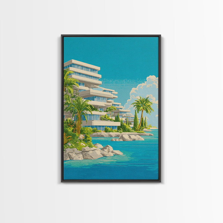 Tropical Modernist Coastal Resort Wall Art, Midcentury Modern Art Print, Palm Tree Ocean Poster, Beach House Decor, Living Room Decor
