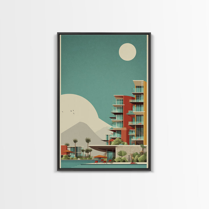 Desert Modern Resort With Moon Framed Canvas Print, Midcentury Modern Wall Art, Palm Springs Poster, Southwestern Home Decor