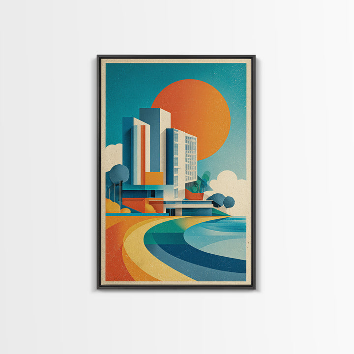 Geometric Modern Building Sunrise Canvas Print, Midcentury Modern Wall Art, Color Block Poster, Bright Abstract Home Decor