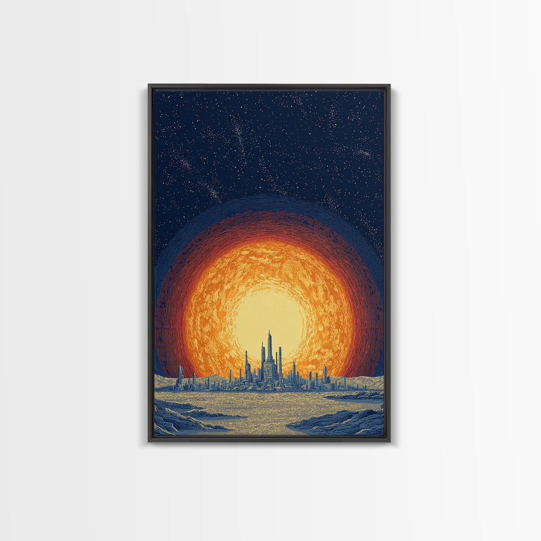 Blazing Solar City At Night Wall Art, Futuristic Midcentury Modern Art Print, Cosmic Retro Poster, Sci Fi Wall Decor, Office Decor