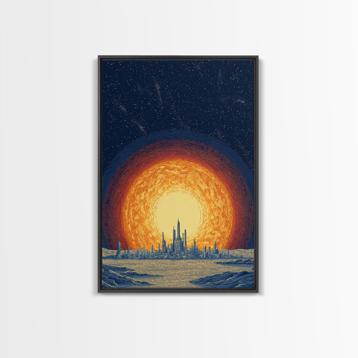 Blazing Solar City At Night Wall Art, Futuristic Midcentury Modern Art Print, Cosmic Retro Poster, Sci Fi Wall Decor, Office Decor