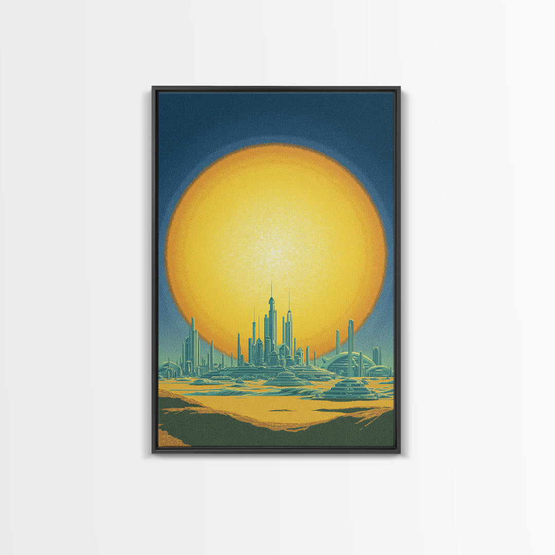 Golden Sun Futuristic Desert Skyline Canvas Print, Midcentury Modern Wall Art, Retro Sci Fi Poster, Modern Living Room Decor