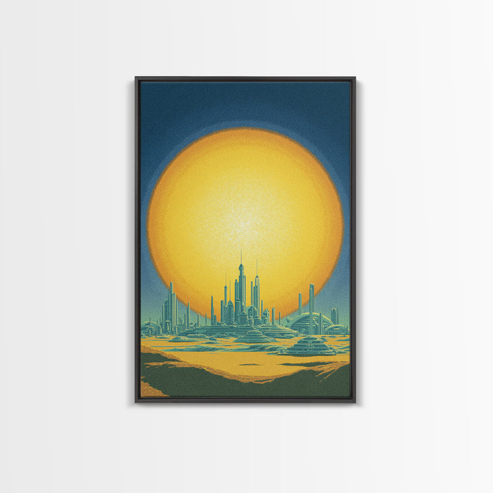 Golden Sun Futuristic Desert Skyline Canvas Print, Midcentury Modern Wall Art, Retro Sci Fi Poster, Modern Living Room Decor