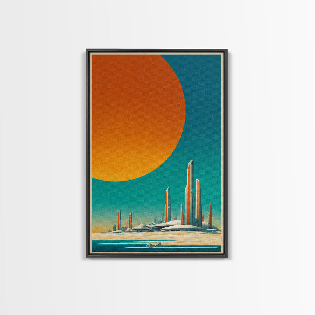 Minimalist Future Towers With Giant Sun Wall Art, Midcentury Modern Art Print, Retro Sci Fi Poster, Abstract Desert Decor