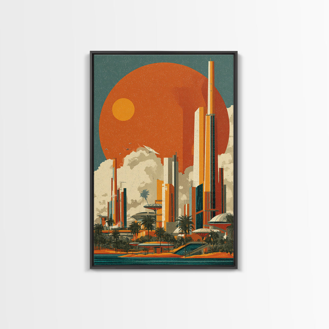 Orange Sun Futuristic Palm City Canvas Print, Retro Travel Poster, Midcentury Modern Wall Decor, Palm Springs Style Art Print