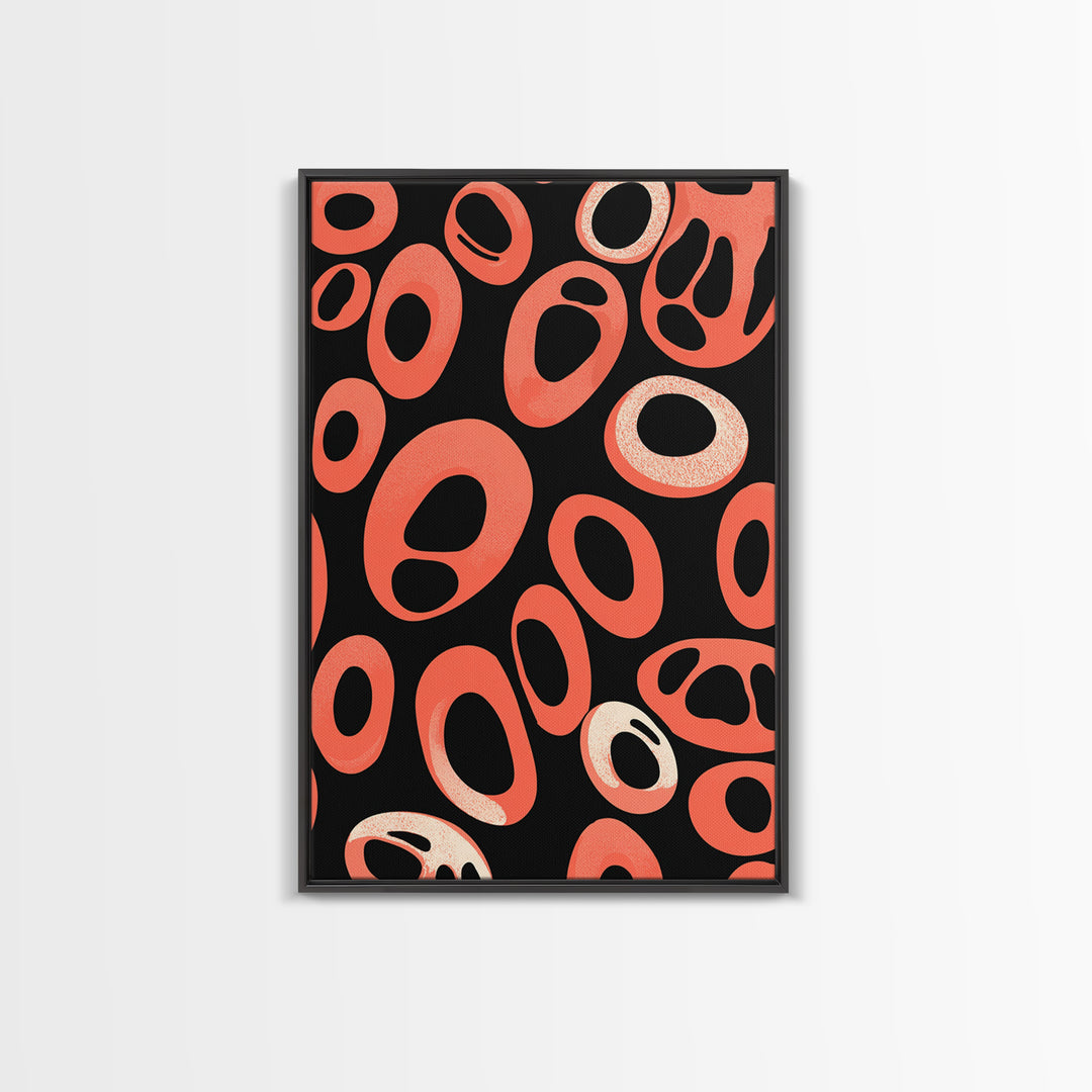 Coral Oval Rings On Black Canvas Print, Bold Retro Abstract Poster, Midcentury Modern Decor, Orange Geometric Wall Art Print