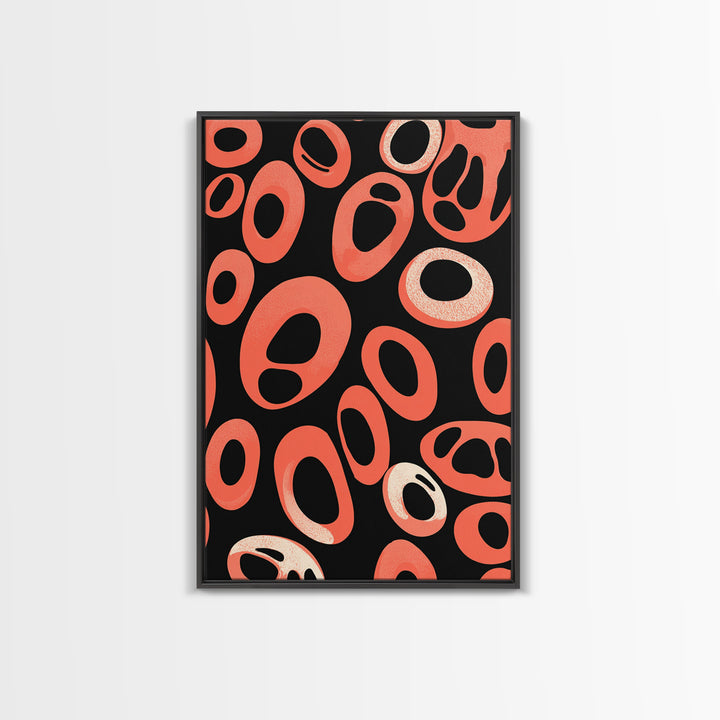 Coral Oval Rings On Black Canvas Print, Bold Retro Abstract Poster, Midcentury Modern Decor, Orange Geometric Wall Art Print