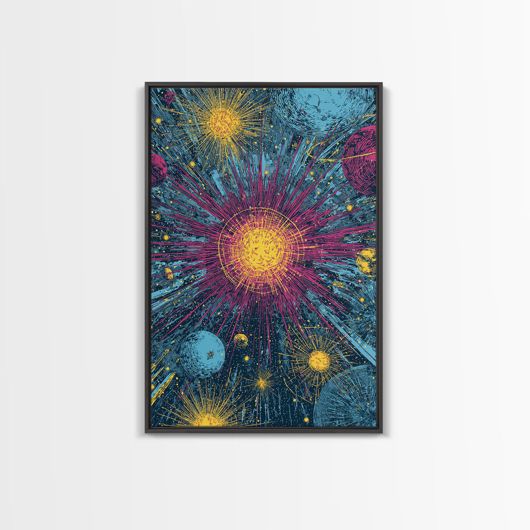 Exploding Stars And Planets Wall Art, Colorful Cosmic Retro Poster, Space Abstract Art, Midcentury Modern Decor Print Gift