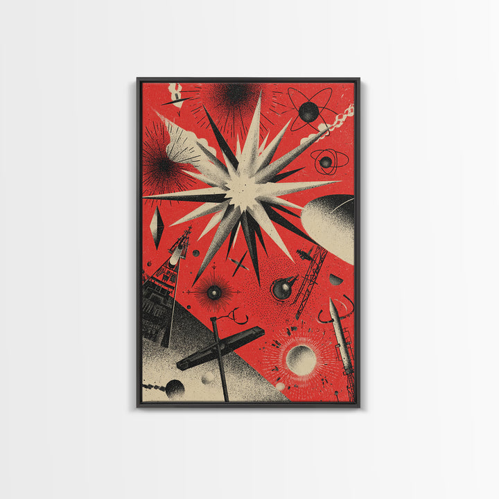Red Atomic Starburst Space Scene Canvas Print, Retro Sci Fi Poster, Midcentury Modern Wall Decor, Futuristic Art Print Gift