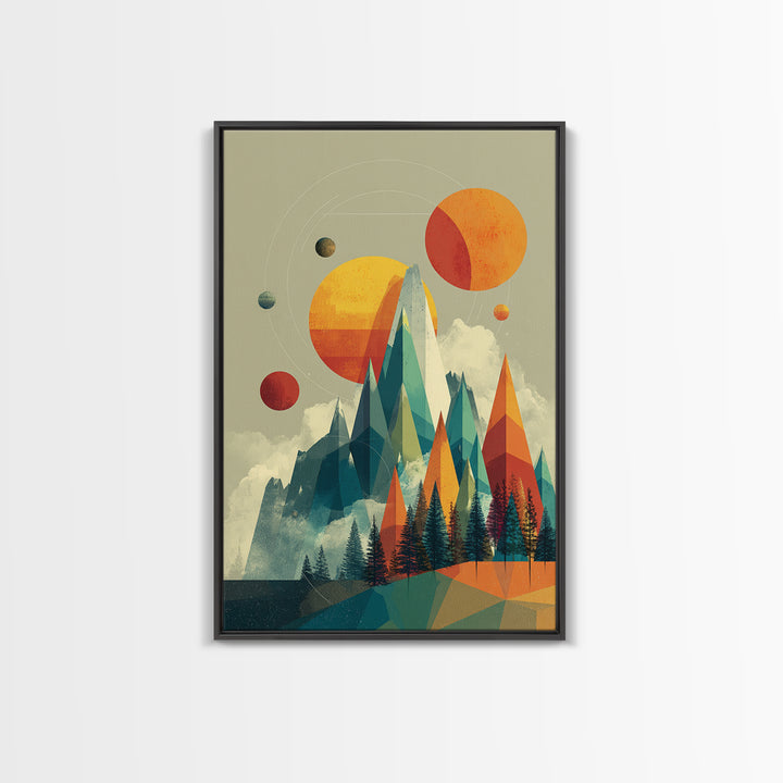 Planets Over Crystal Peaks Canvas Print, Midcentury Modern Space Mountain Wall Art, Retro Geometric MCM Decor For Living Room