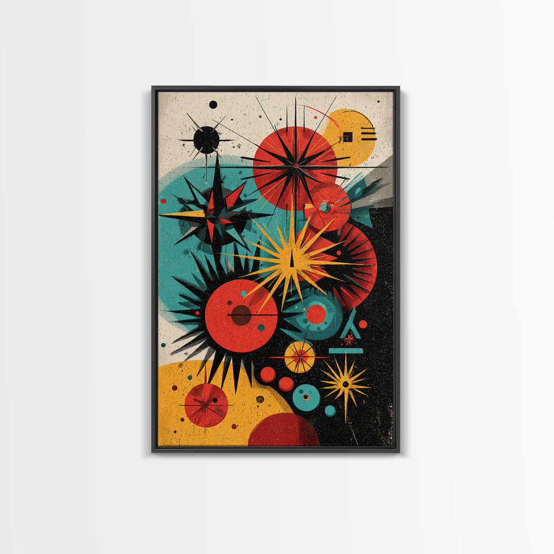Atomic Circles And Starbursts Framed Canvas Print, Midcentury Modern Abstract Poster, Bauhaus Geometric Wall Art Decor Print