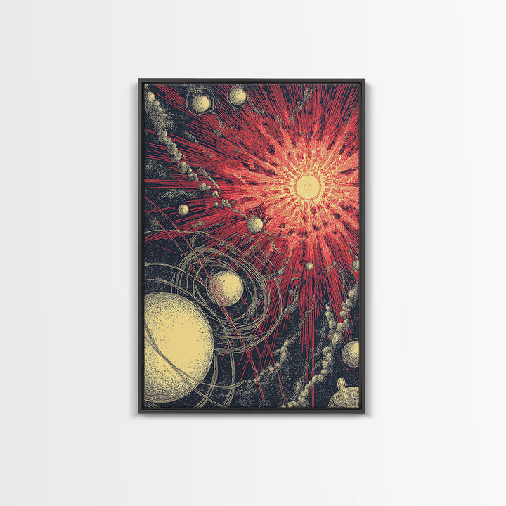 Red Cosmic Sunburst With Orbiting Planets Wall Art, Midcentury Modern Art, Retro Space Poster, Atomic Abstract Decor Prints