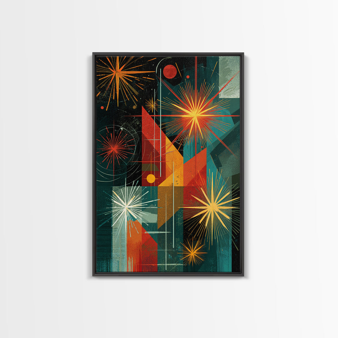 Teal Orange Geometric Fireworks Wall Art, Midcentury Modern Art, Atomic Retro Decor, Bold MCM Wall Decor Poster Print Gift