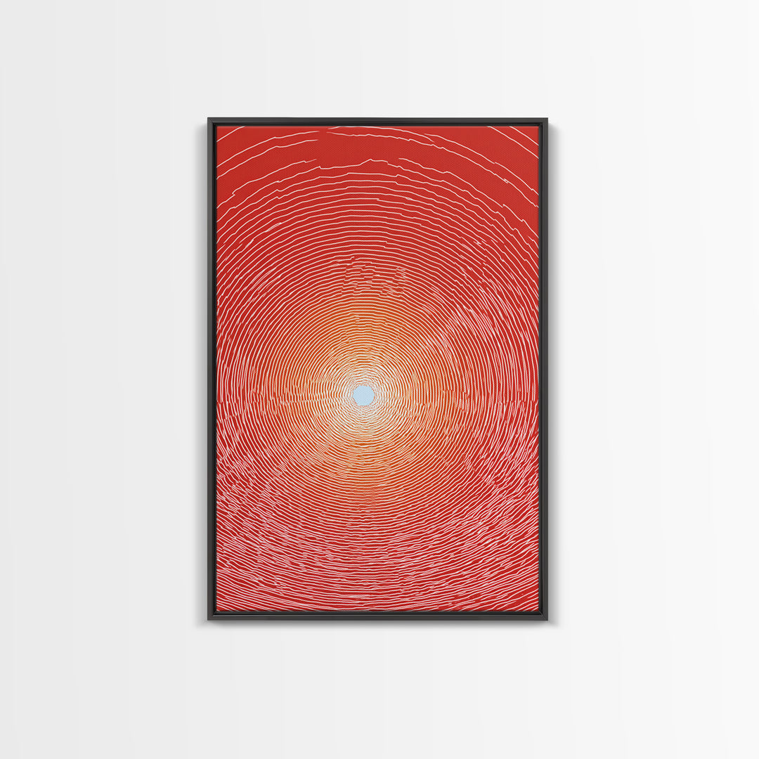Radiant Red Concentric Sun Framed Canvas Print, Minimalist Wall Art, Modern Abstract Art, Retro Geometric Decor Poster Print