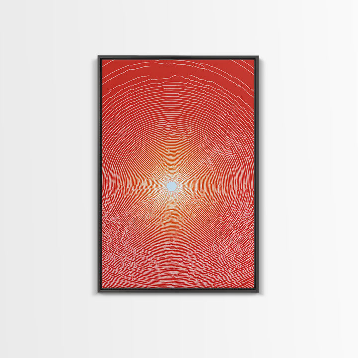 Radiant Red Concentric Sun Framed Canvas Print, Minimalist Wall Art, Modern Abstract Art, Retro Geometric Decor Poster Print