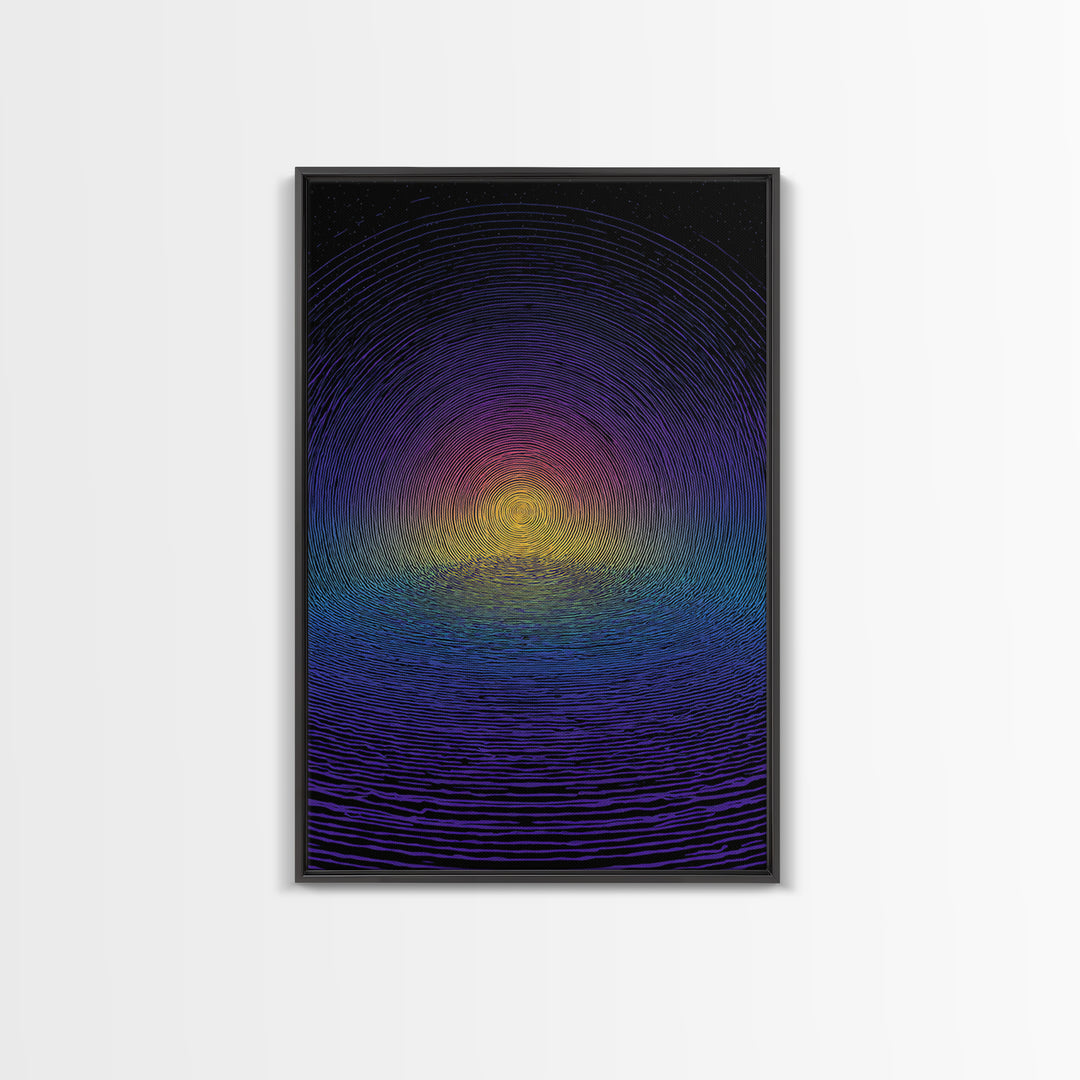 Blue Purple Ripple Sunset Canvas Print, Modern Abstract Wall Art, Retro Psychedelic Poster, Minimalist Home Decor Artwork
