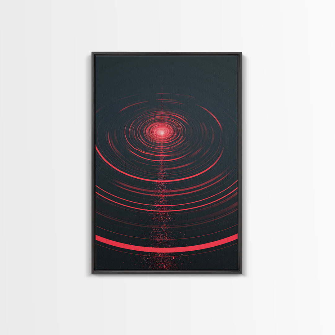 Red Cosmic Concentric Rings Abstract Wall Art, Modern Geometric Art Print, Sci Fi Retro Decor, Bold Black Living Room Decor