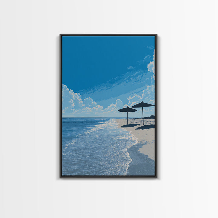 Sunny Blue Beach Umbrellas Canvas Print, Coastal Wall Art, Modern Travel Poster, Ocean View Decor, Serene Living Room Art