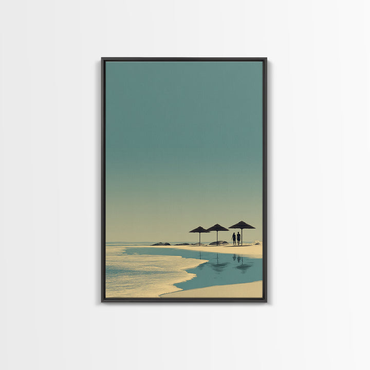 Minimal Beach Umbrellas Framed Canvas Print, Neutral Coastal Wall Art, Modern Landscape Poster, Serene Ocean Bedroom Decor