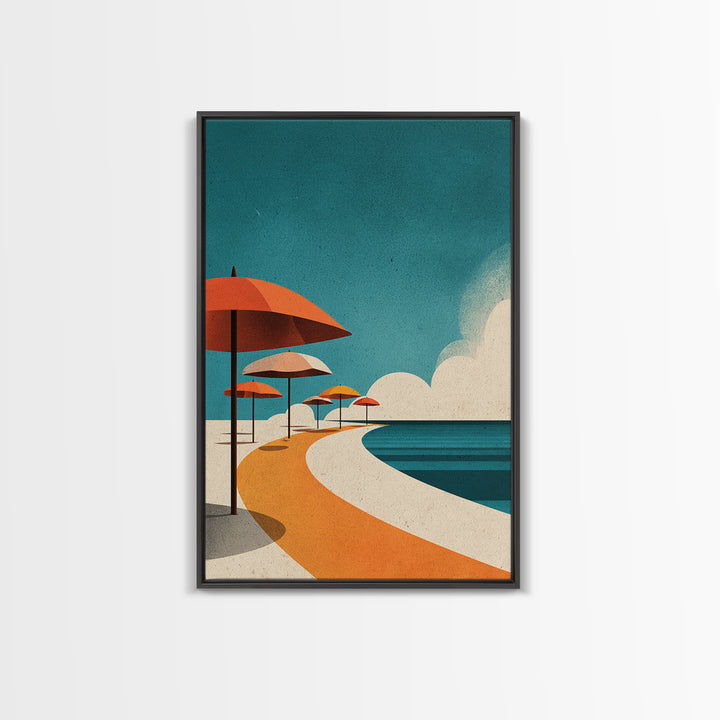 Orange Umbrella Boardwalk Canvas Print, Midcentury Modern Wall Art, Retro Beach Poster, Coastal MCM Home Decor, Palm Springs Style