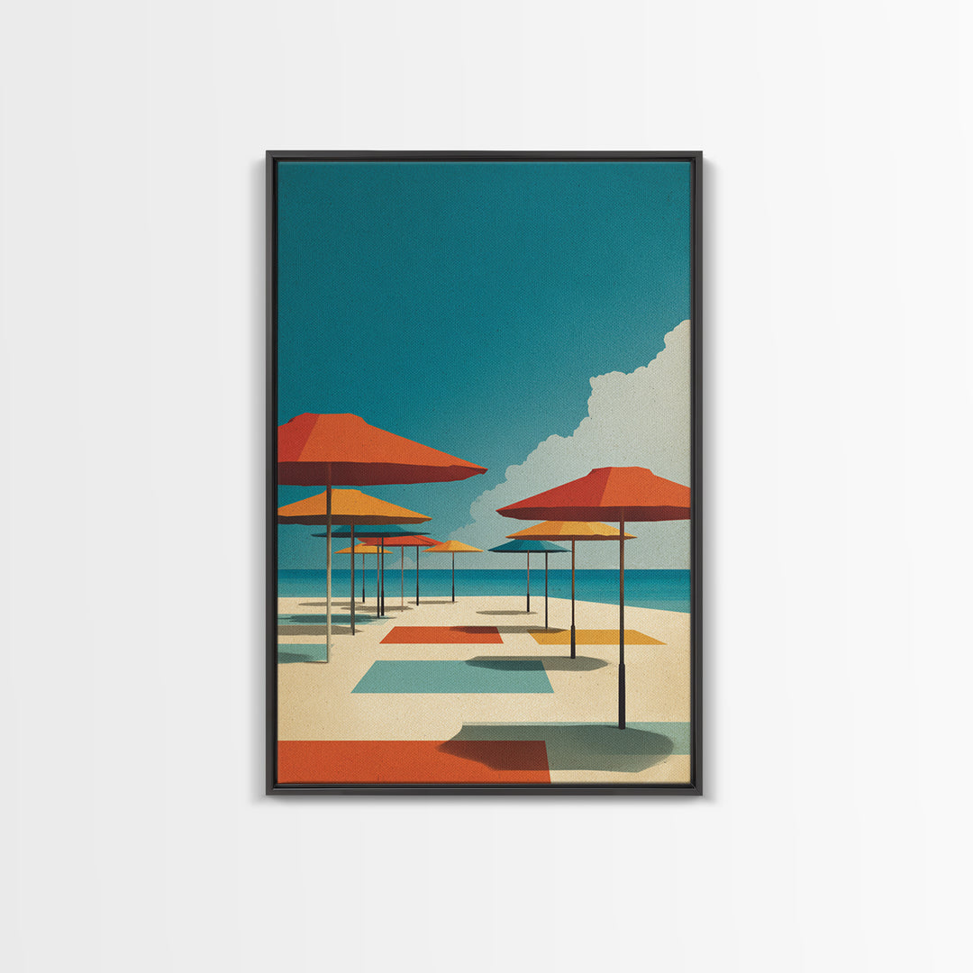 Retro Orange Beach Umbrellas Wall Art, Midcentury Modern Canvas Print, Coastal Poster, Bold MCM Living Room Home Wall Decor