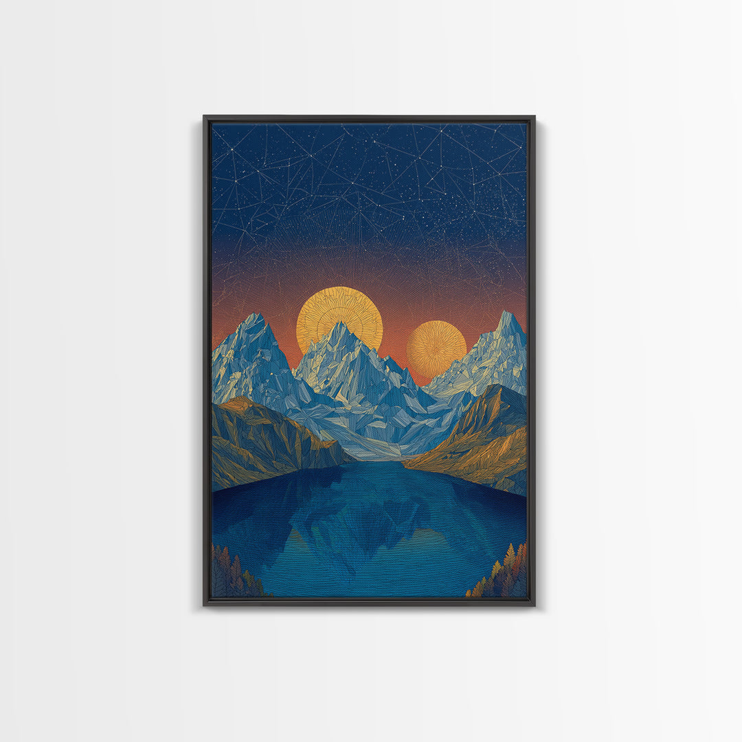 Starry Alpine Lake Framed Canvas Print, Blue Mountain Sunset Wall Art, Midcentury Modern Travel Poster For Cabin Home Decor