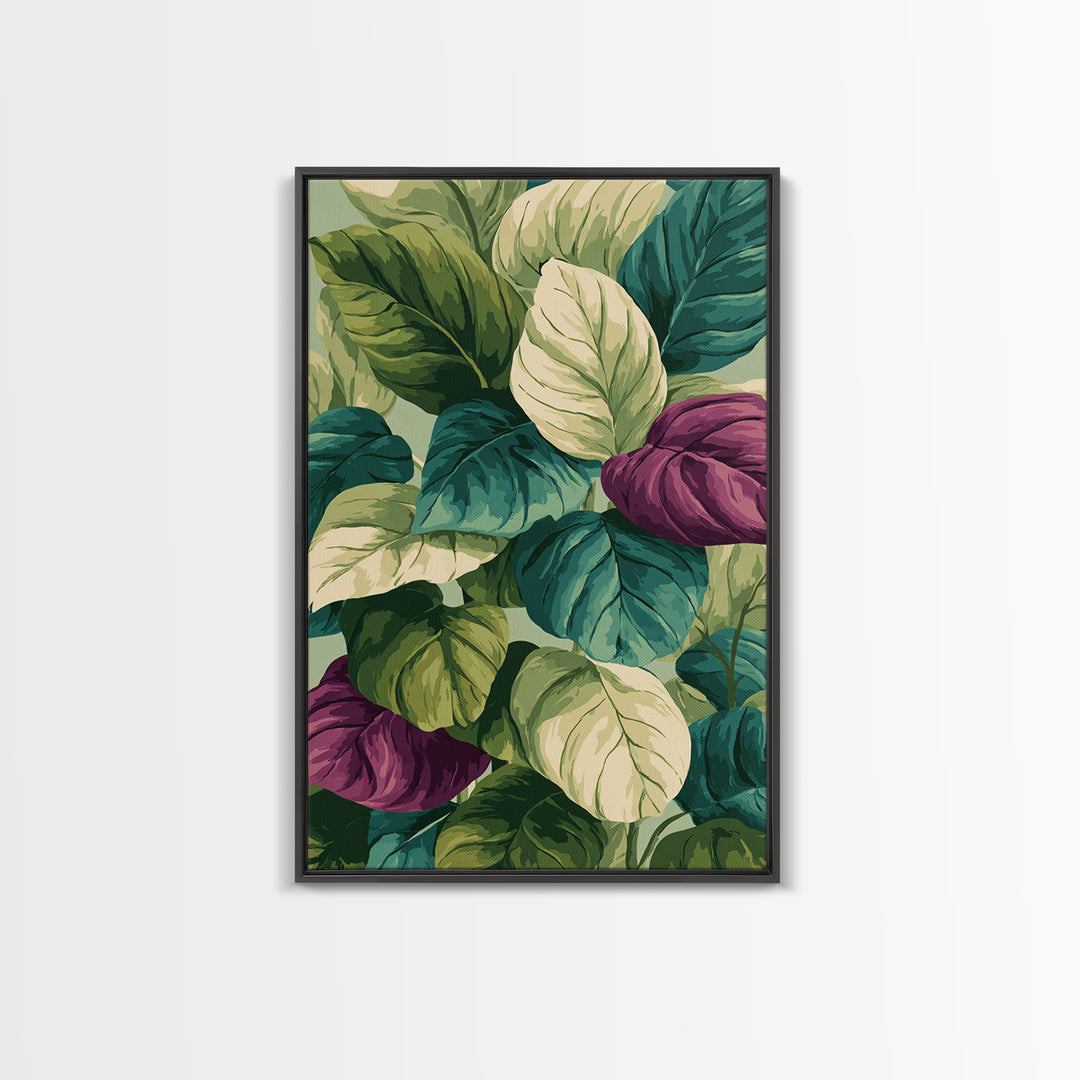 Lush Tropical Calathea Leaves Framed Canvas Print, Botanical Wall Art, Green Purple Nature Decor, Modern Home Art Prints
