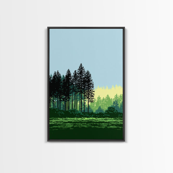 Pine Forest Silhouette Wall Art, Green Meadow Landscape Print, Scenic Nature Decor, Modern Cabin Office Wall Decor, Home Decor