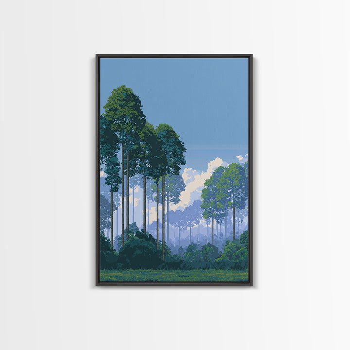 Misty Tall Pine Forest Canvas Print, Blue Sky Landscape Art, Scenic Nature Wall Decor, Modern Office Living Room Art Print